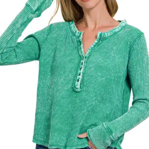Washed Baby Waffle Henley Neckline Long Sleeve Top