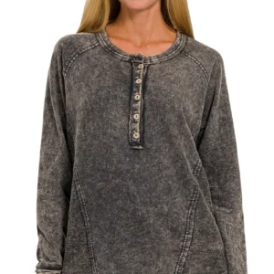 Washed Terry Button Henley Raglan Top