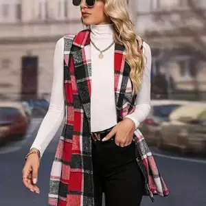 Red Double Breasted Plaid Vest