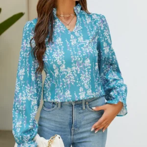 Blue and White Floral V-Neck Top