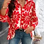 High/Low Red And Cream Floral Top
