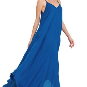 WOVEN CRINKLE CAMI MAXI DRESS W SIDE POCKETS