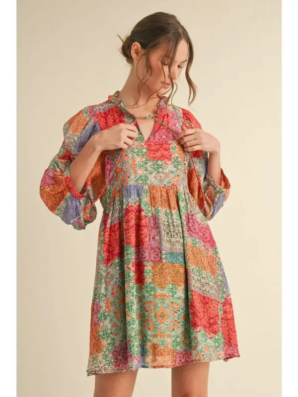 MULTICOLOR PRINT DRESS WITH FRILL TIE NECK