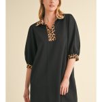 SOLID DRESS WITH ANIMAL PRINT COLLAR AND TRIM