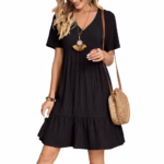 SHORT SLEEVE BLACK PLETED DRESS WITH RUFFLE TRIM