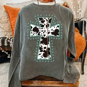 Gray Cow Print Cross Graphic Tee