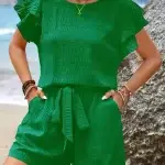 KELLY GREEN TEXTURED SHORT SET