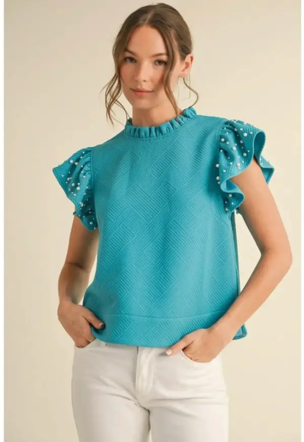 TEXTURED TOP WITH PEARL ACCENTS ON SLEEVES