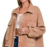 Acid Wash Fleece Front Pocket Cropped Shacket