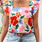 PINK AND RED FLORAL SHIRT WITH FLUTTER SLEEVE