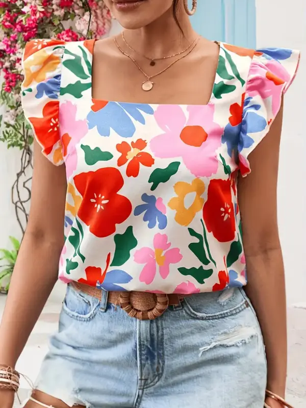 PINK AND RED FLORAL SHIRT WITH FLUTTER SLEEVE