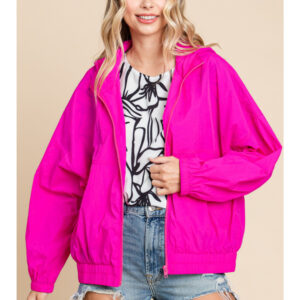 HOT PINK WIND BREAKER WITH HOOD AND POCKETS