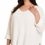 PLUS SIZE 3/4 SLEEVE V-NECK JACQUARD SWEATER