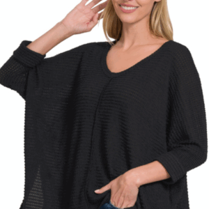 3/4 SLEEVE V-NECK HIGH/LOW SWEATER