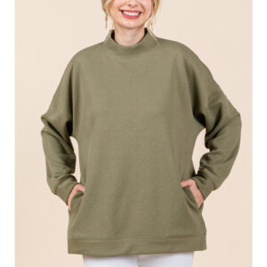 PLUS SIZE OLIVE TEXTURED MOCK NECK PULLOVER