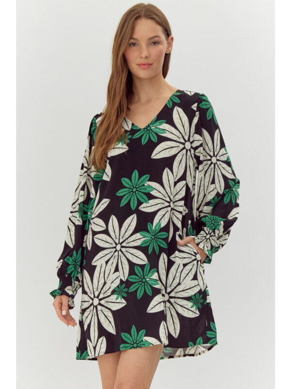 BLACK AND GREEN FLORAL DRESS WITH POCKETS