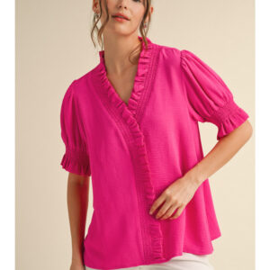 SOLID TOP WITH SMOCKED SLEEVE AND LETTUCE TRIM
