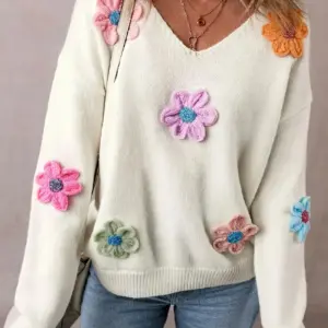 SOFT MULTI- COLORED FLOWER APPLIQUE SWEATER