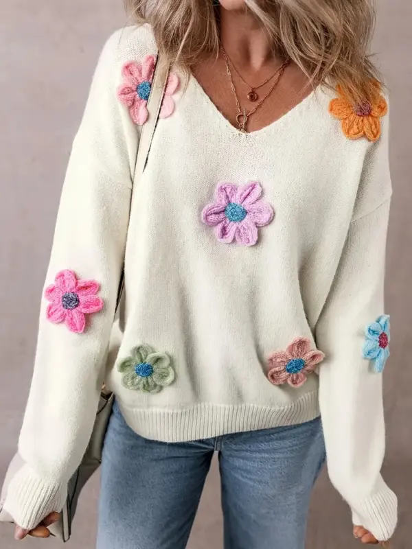 SOFT MULTI- COLORED FLOWER APPLIQUE SWEATER