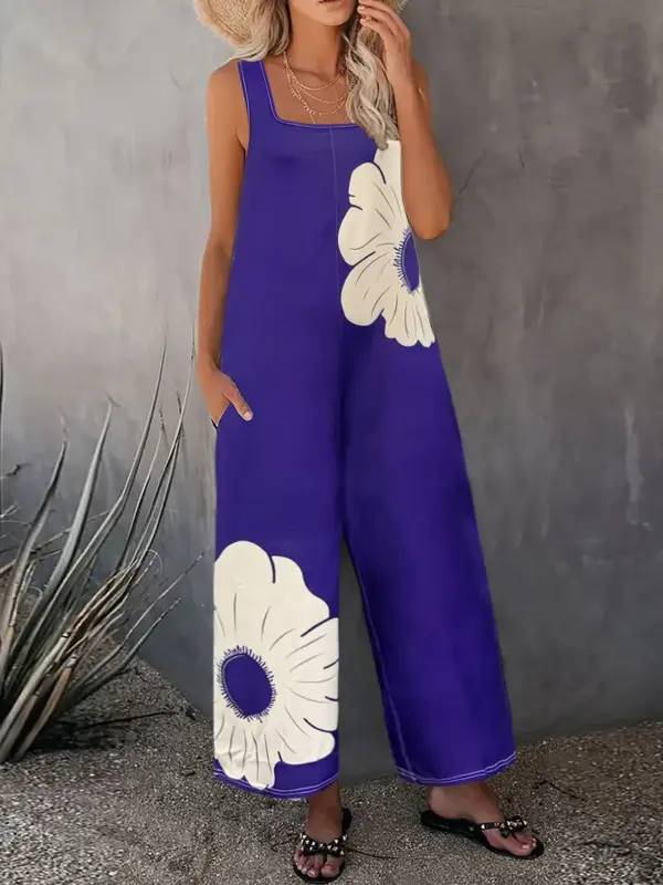 ROYAL BLUE FLORAL JUMPSUIT WITH POCKETS