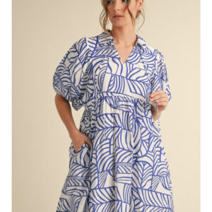 BLUE AND WHITE PRINT DRESS WITH POCKETS