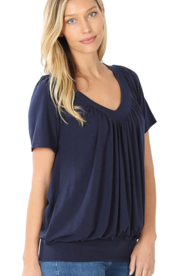 V-NECK SHORT SLEEVE SHIRRING TOP - Image 2
