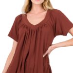V-NECK SHORT SLEEVE SHIRRING TOP