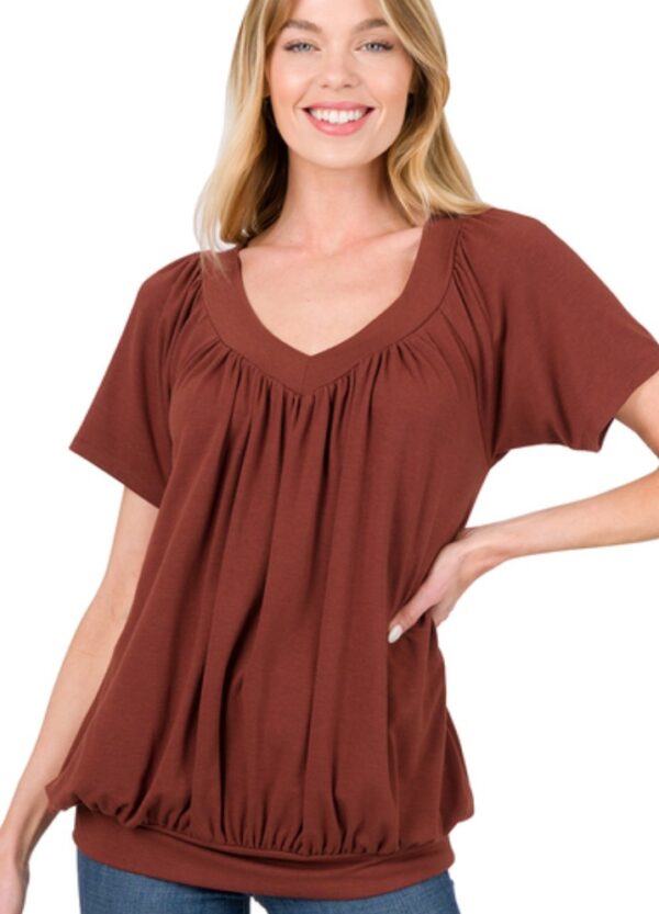 V-NECK SHORT SLEEVE SHIRRING TOP