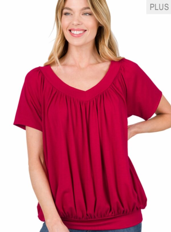 PLUS-SIZE V-NECK SHORT SLEEVE SHIRRING TOP - Image 3