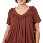 PLUS-SIZE V-NECK SHORT SLEEVE SHIRRING TOP