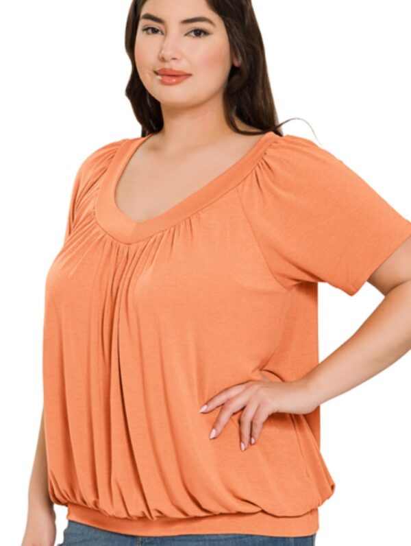 PLUS-SIZE V-NECK SHORT SLEEVE SHIRRING TOP - Image 2