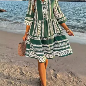 V-NECK STRIPED TIERED DRESS