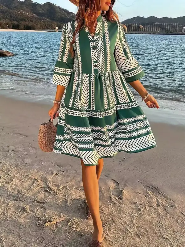 V-NECK STRIPED TIERED DRESS