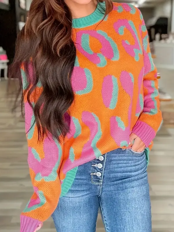 ORANGE AND HOT PINK ANIMAL PRINT SWEATER