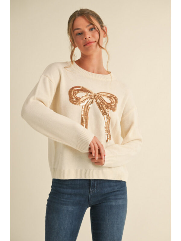 CREAM SEQUIN BOW SWEATER