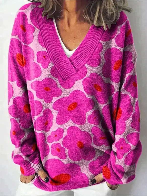 PINK FLORAL V-NECK PULLOVER