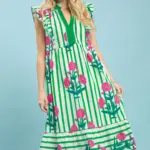 STRIPED FLORAL MIDI DRESS