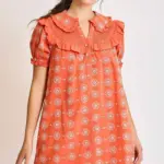 ORANGE EMBROIDERED DRESS WITH ROUND COLLAR AND POCKETS