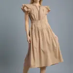MOCHA SPLIT NECK DRESS WITH EMBROIDERED TRIM