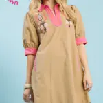 EMBROIDERED CONTRAST TRIM DRESS WITH POCKETS
